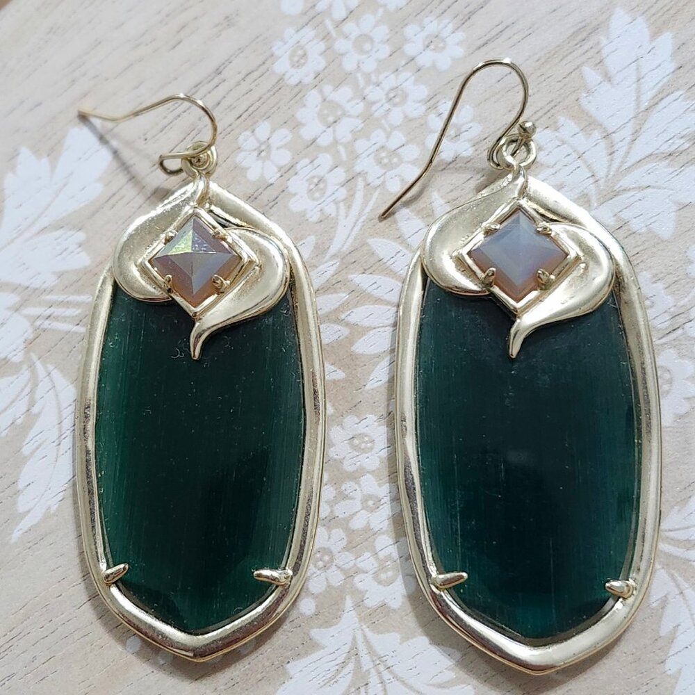 Kendra Scott Emerald Green Cat's Eye Iridescent Gabby Gold Drop Earrings